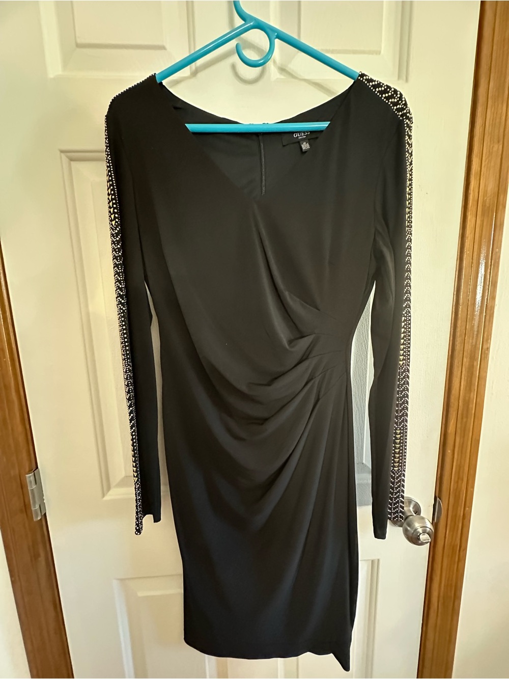 Guess Black Long-Sleeve Ruched Dress with Sleeve Embellishments